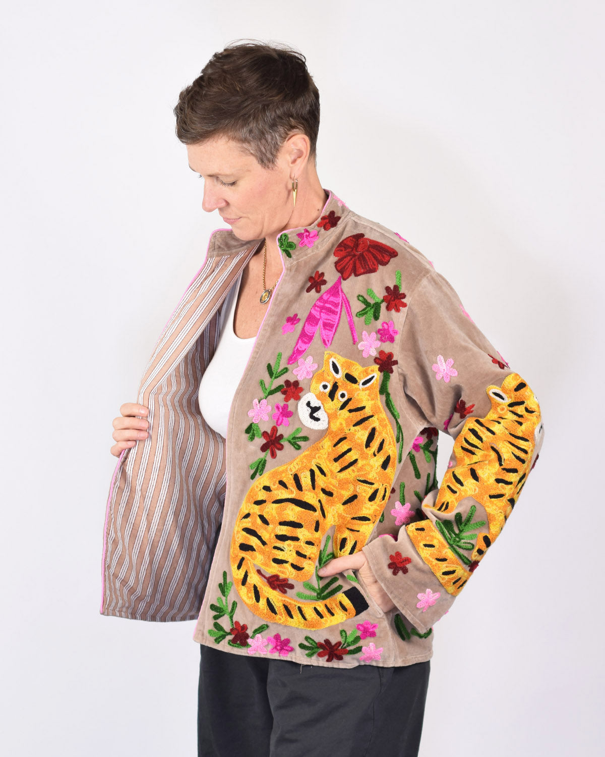 "Tiger Tribe" Suzani Embroidered Velvet Jacket/Cardigan - Taupe