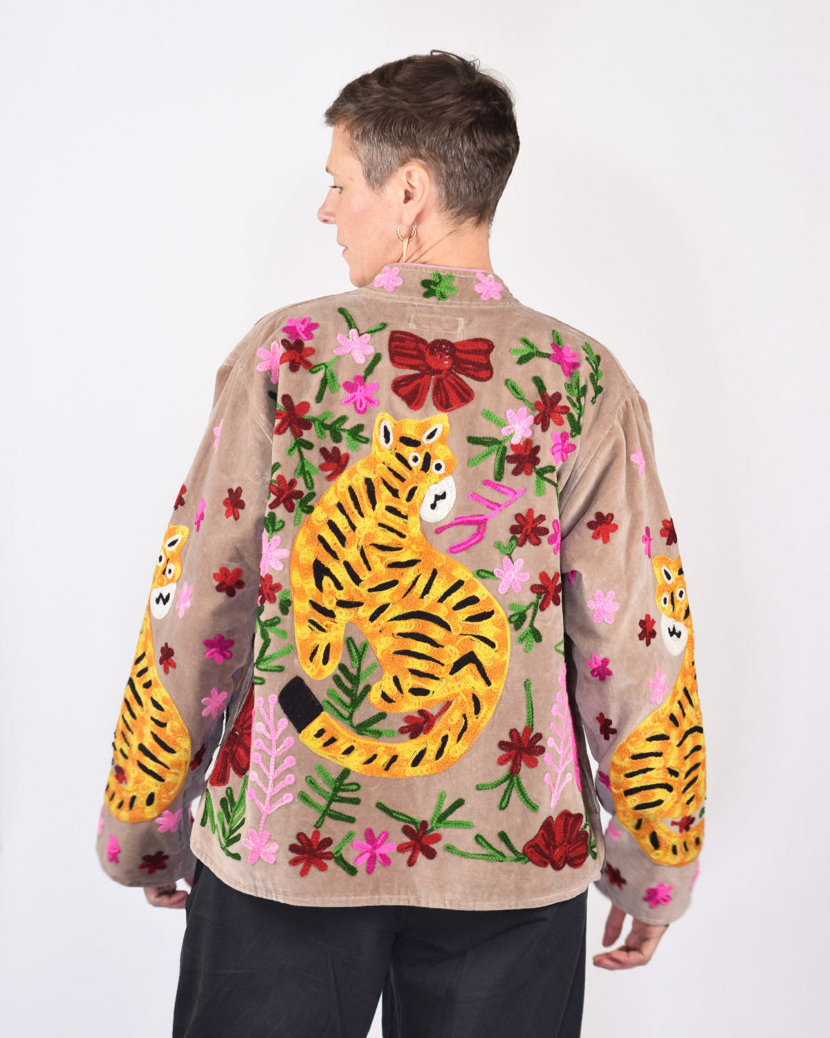 "Tiger Tribe" Suzani Embroidered Velvet Jacket/Cardigan - Taupe