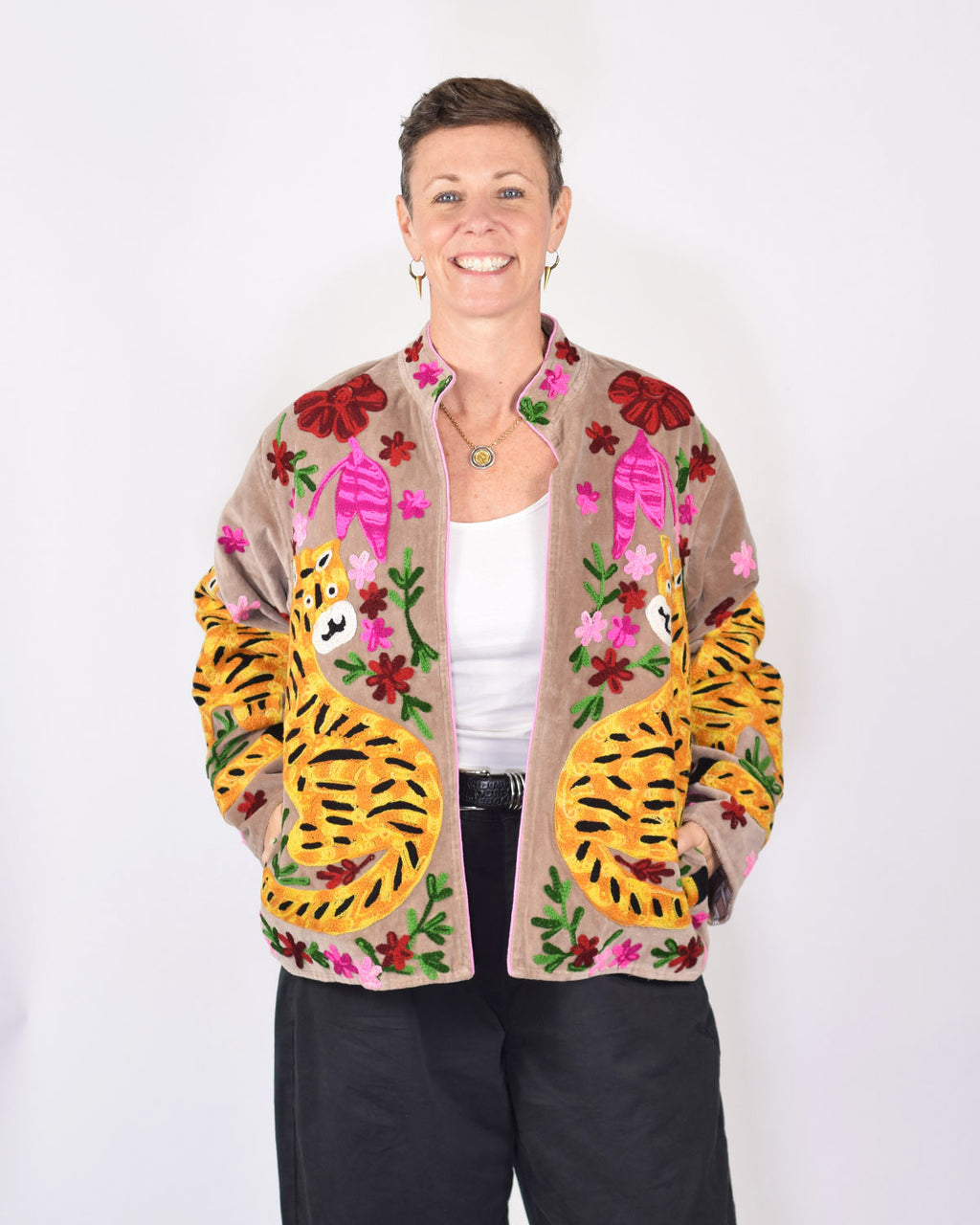 "Tiger Tribe" Suzani Embroidered Velvet Jacket/Cardigan - Taupe