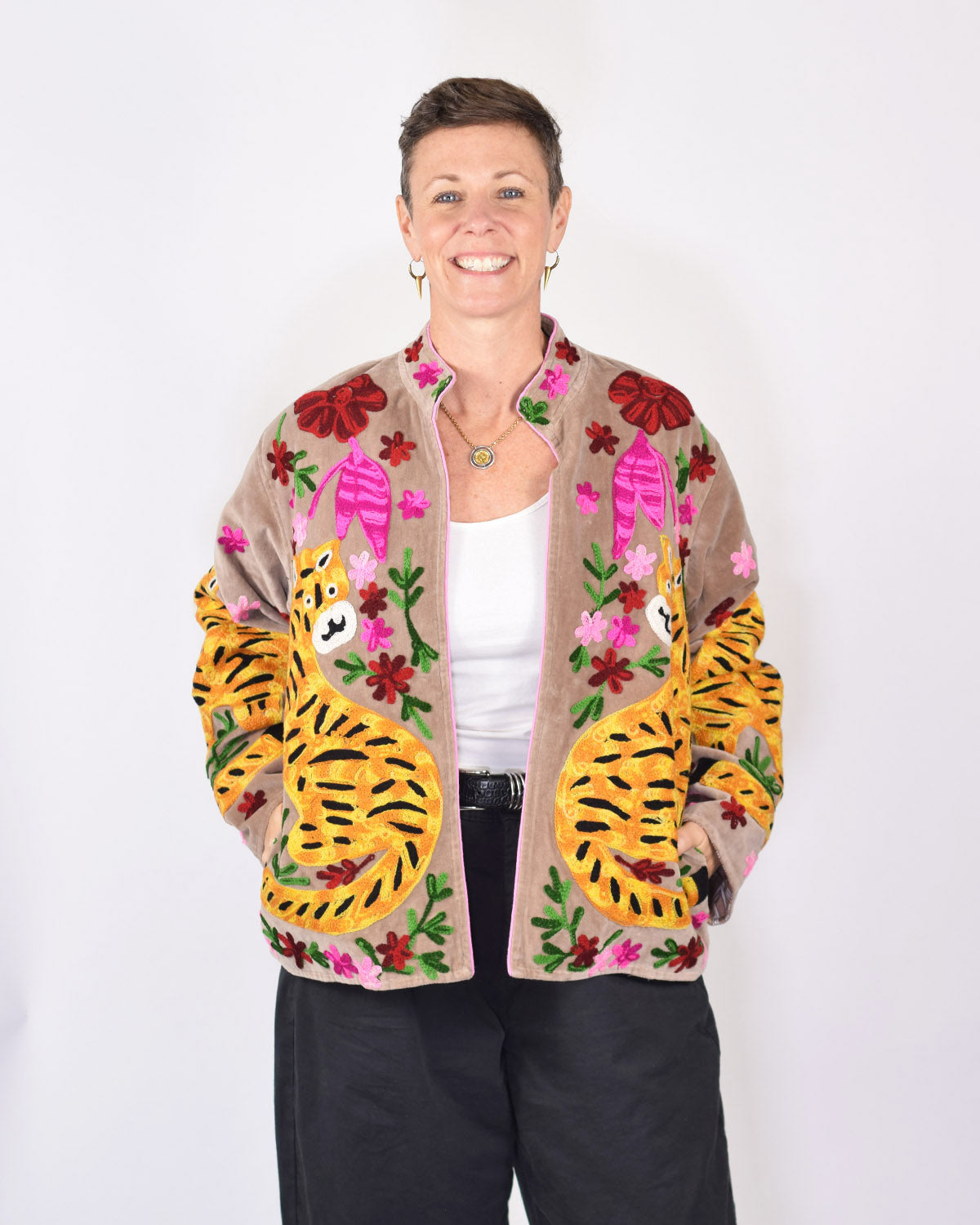 "Tiger Tribe" Suzani Embroidered Velvet Jacket/Cardigan - Taupe