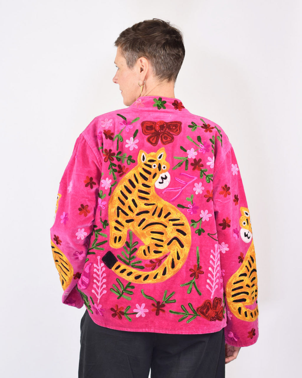 "Tiger Tribe" Suzani Embroidered Velvet Jacket/Cardigan - Deep Pink
