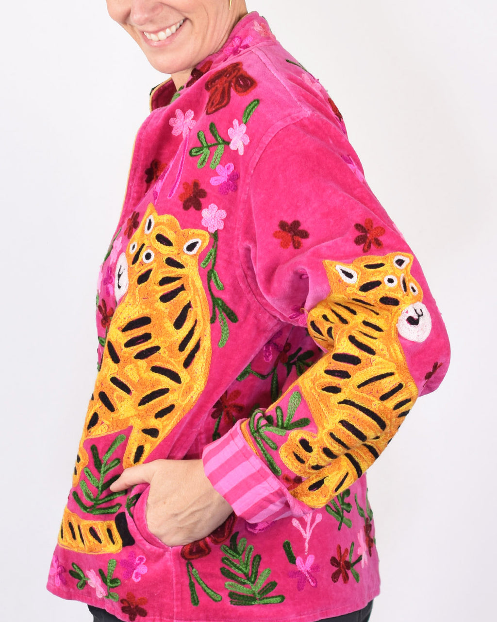 "Tiger Tribe" Suzani Embroidered Velvet Jacket/Cardigan - Deep Pink