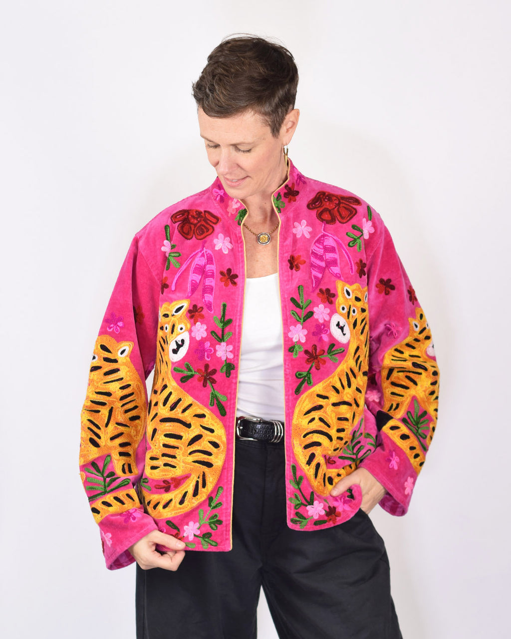 "Tiger Tribe" Suzani Embroidered Velvet Jacket/Cardigan - Deep Pink