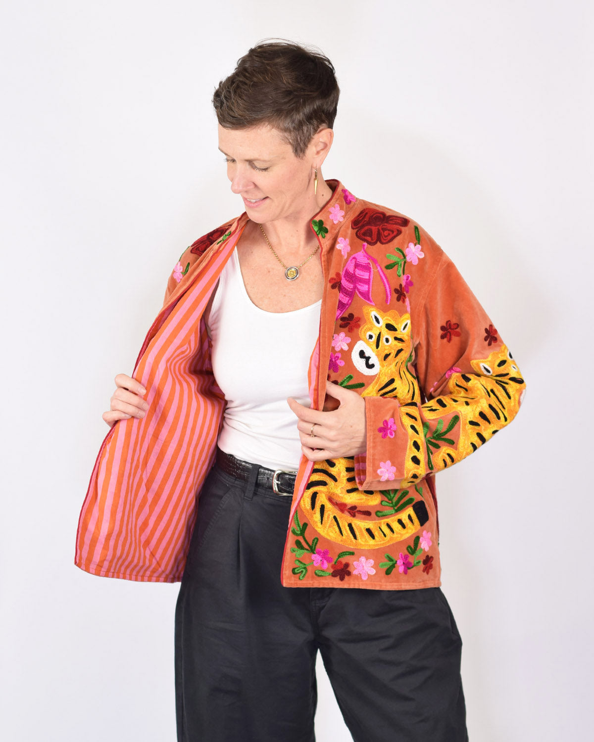 "Tiger Tribe" Suzani Embroidered Velvet Jacket/Cardigan - Coral