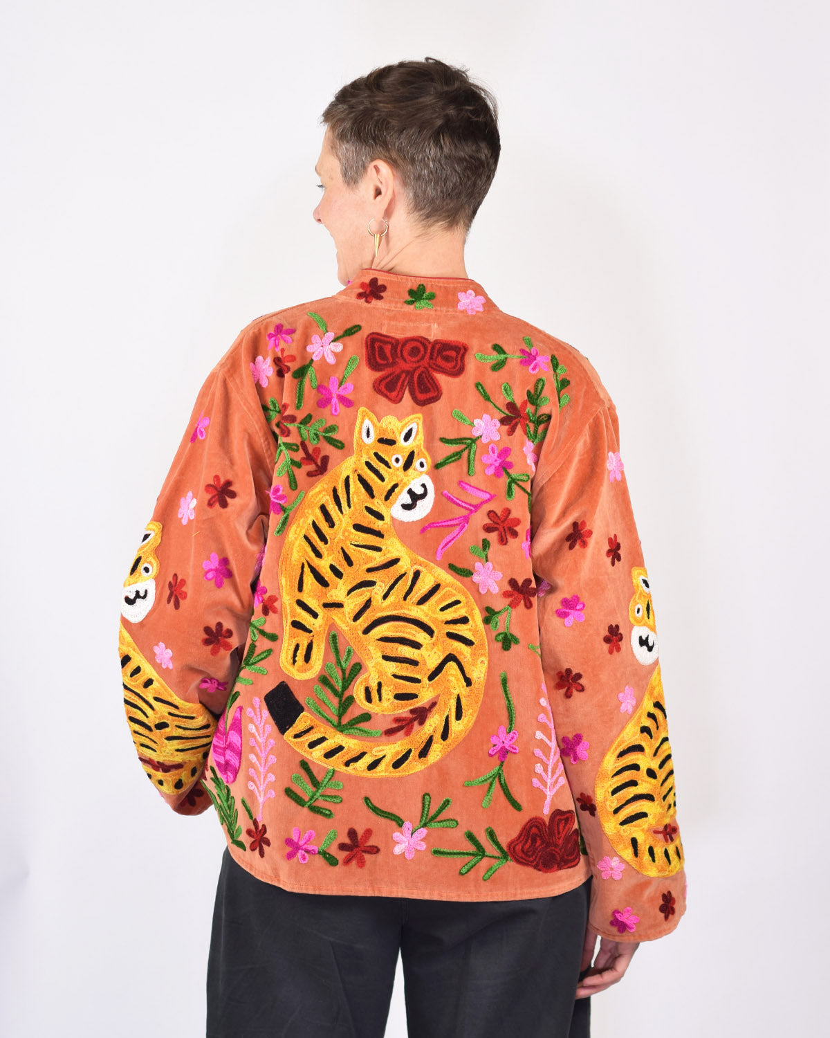 "Tiger Tribe" Suzani Embroidered Velvet Jacket/Cardigan - Coral