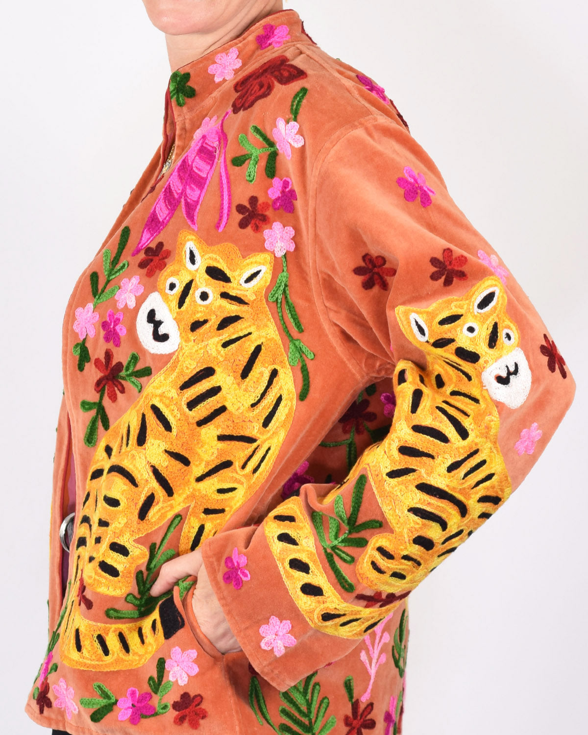 "Tiger Tribe" Suzani Embroidered Velvet Jacket/Cardigan - Coral