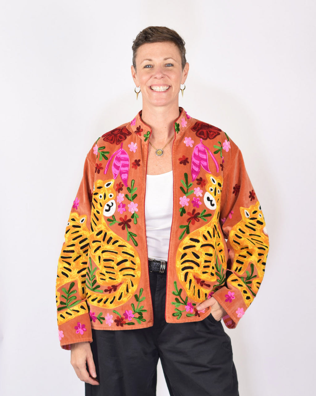 "Tiger Tribe" Suzani Embroidered Velvet Jacket/Cardigan - Coral