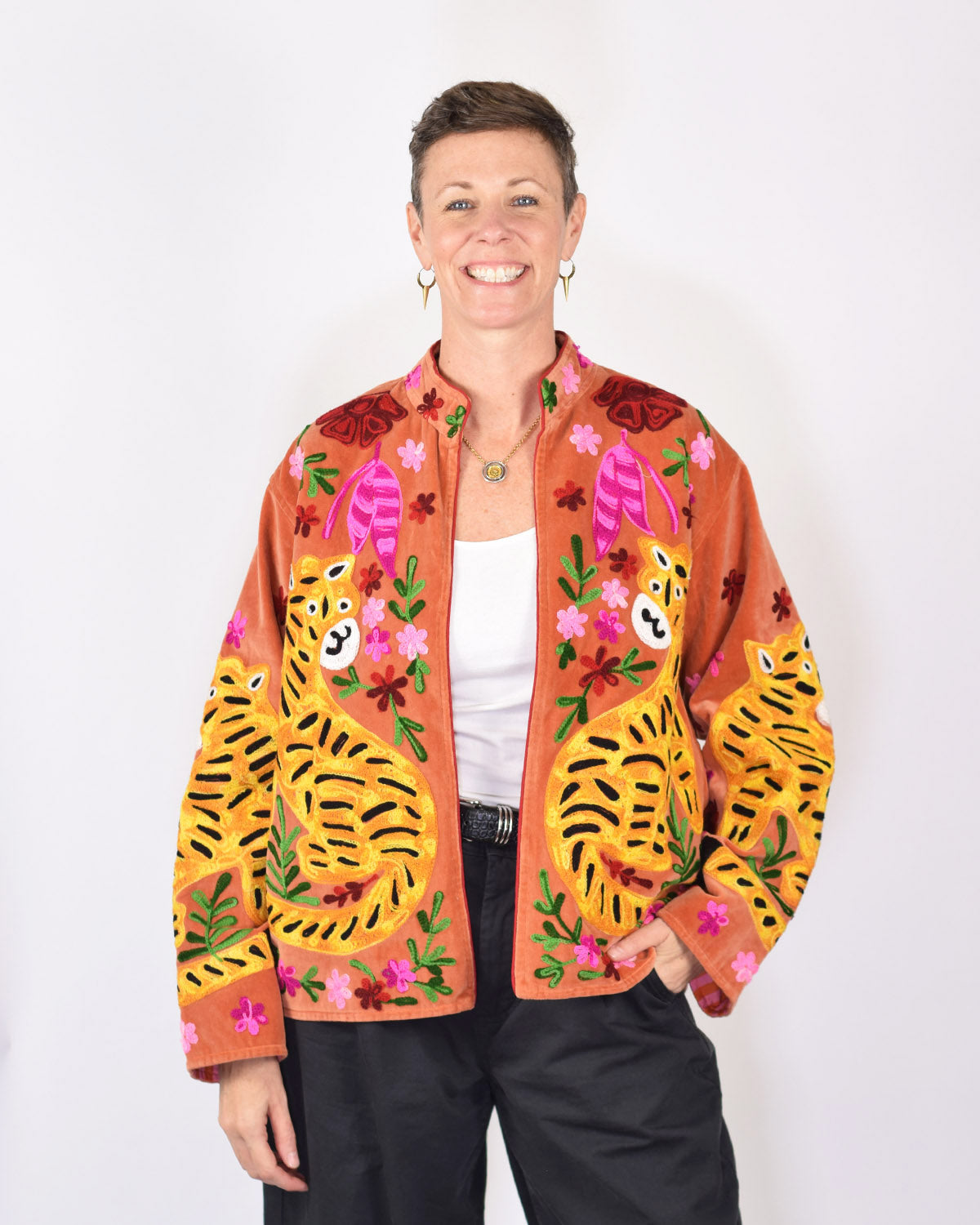 "Tiger Tribe" Suzani Embroidered Velvet Jacket/Cardigan - Coral