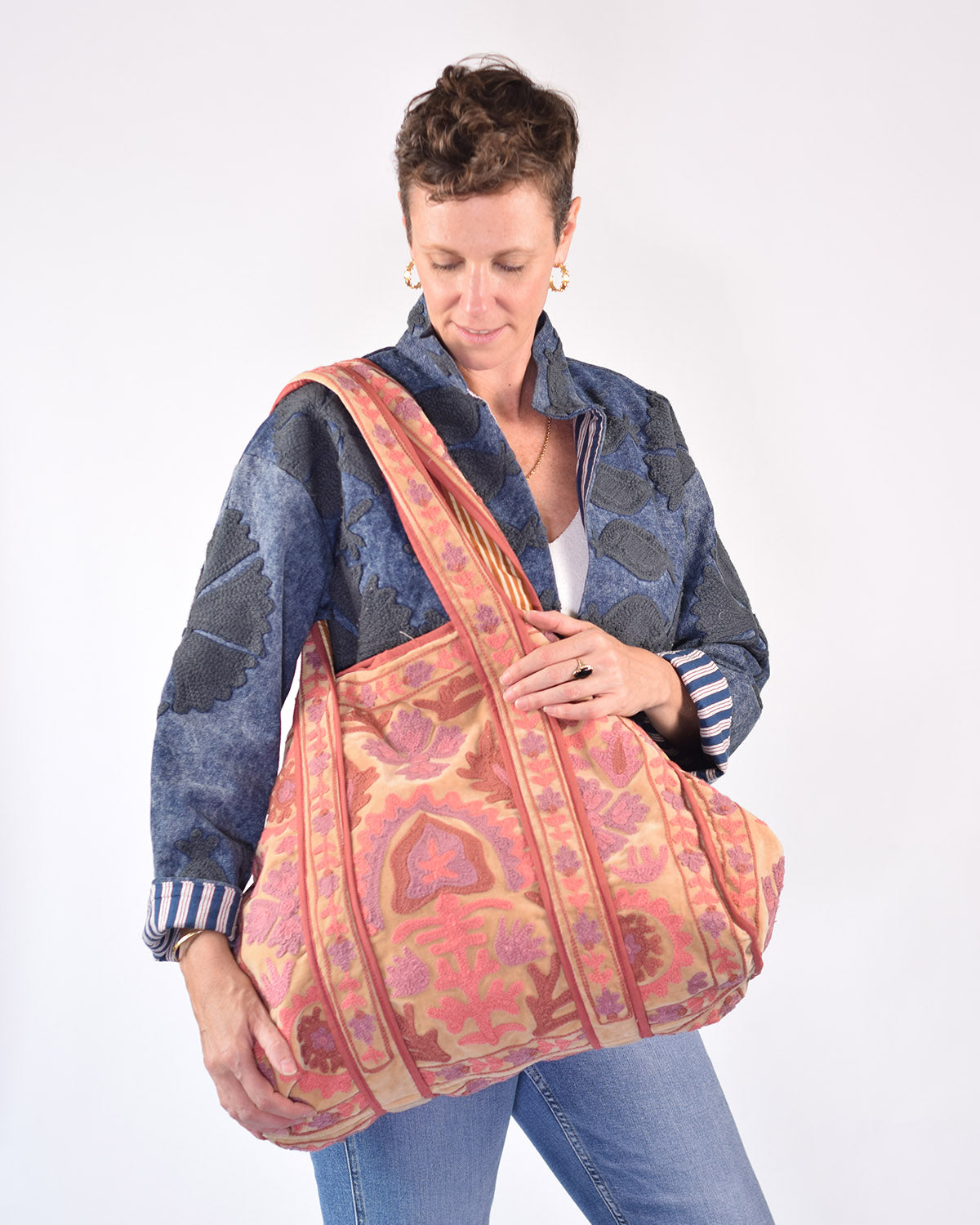 Velvet Suzani Embroidered Oversized Tote Bag - 05