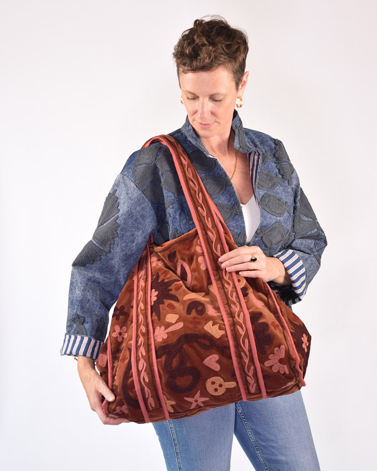 Velvet Suzani Embroidered Oversized Tote Bag - 08