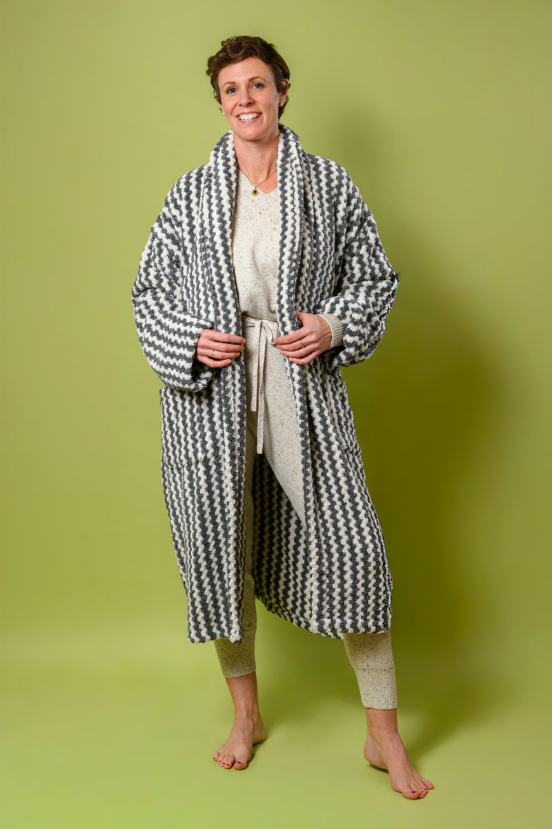 Organic Turkish Cotton Plush Terry Cloth Robe - Wavy Grey image 3