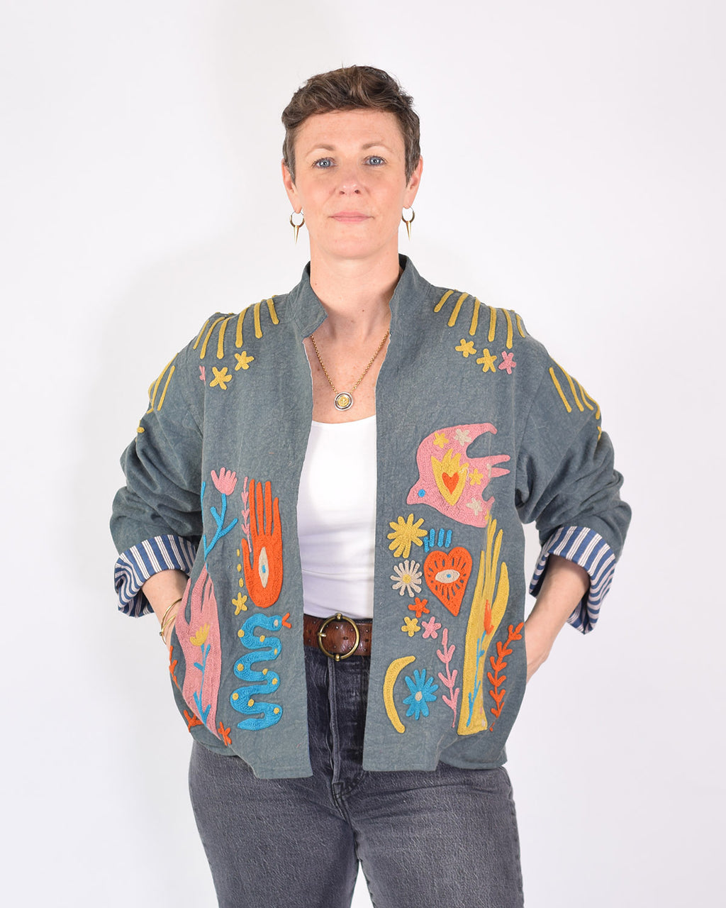 Lightweight "Peace & Love" Canvas Embroidered Jacket - Blue image 0