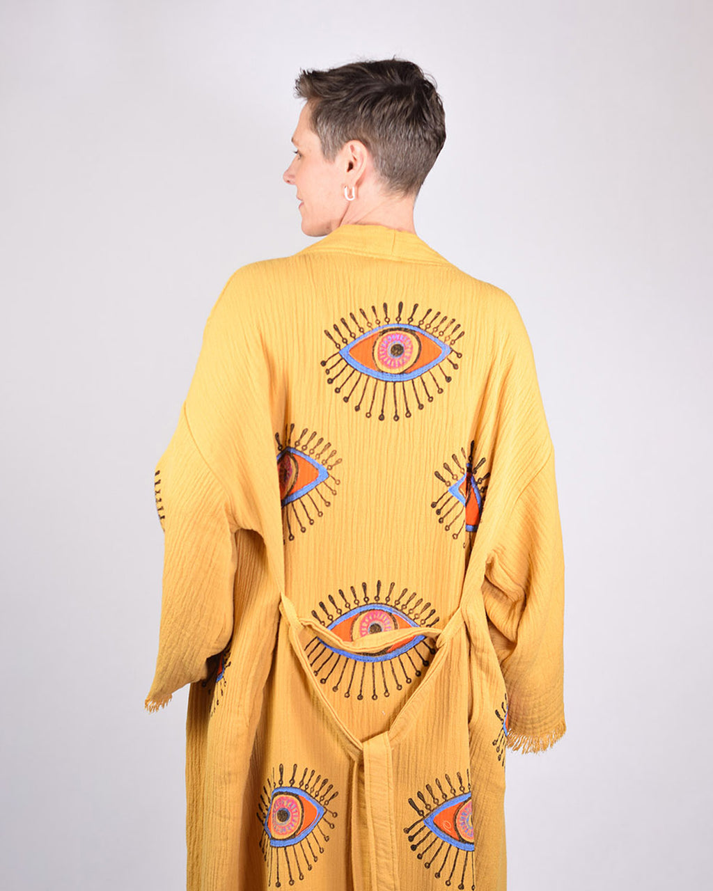 Luxury Turkish Cotton Evil Eye Kimono/Robe - Yellow Ochre image 5