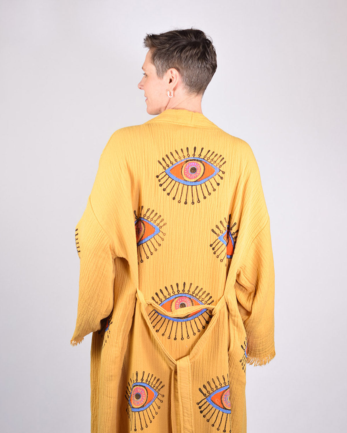 Luxury Turkish Cotton Evil Eye Kimono/Robe - Yellow Ochre image 5
