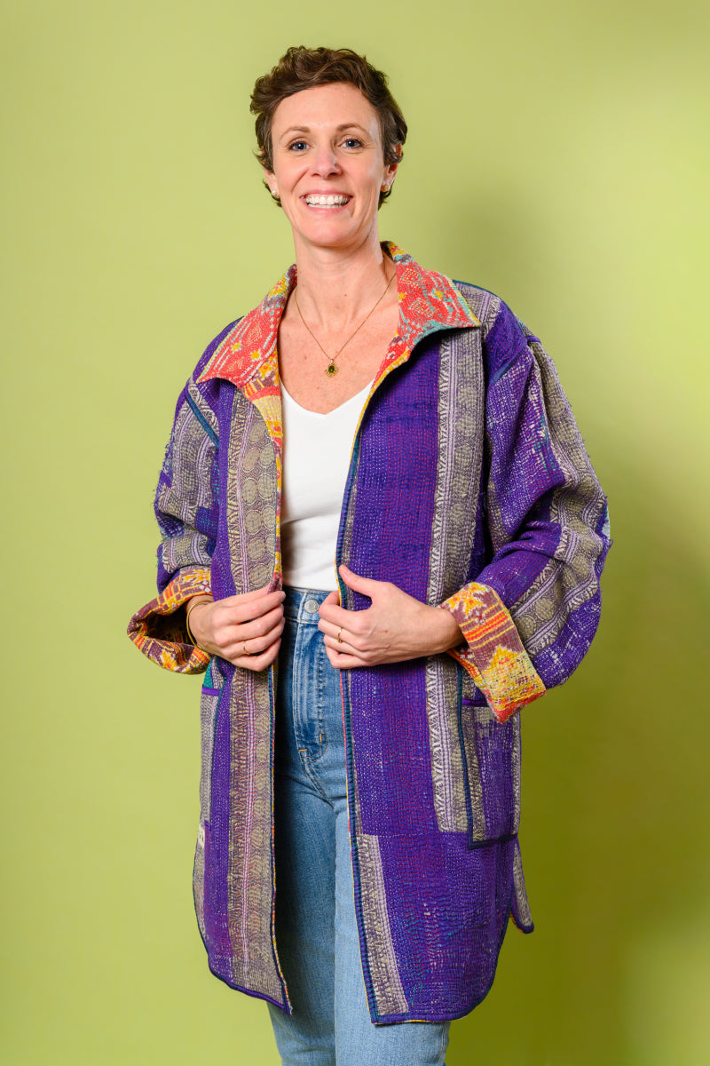 Frankie Long Quilted Reversible Patchwork Kantha Jacket - 07 image 3