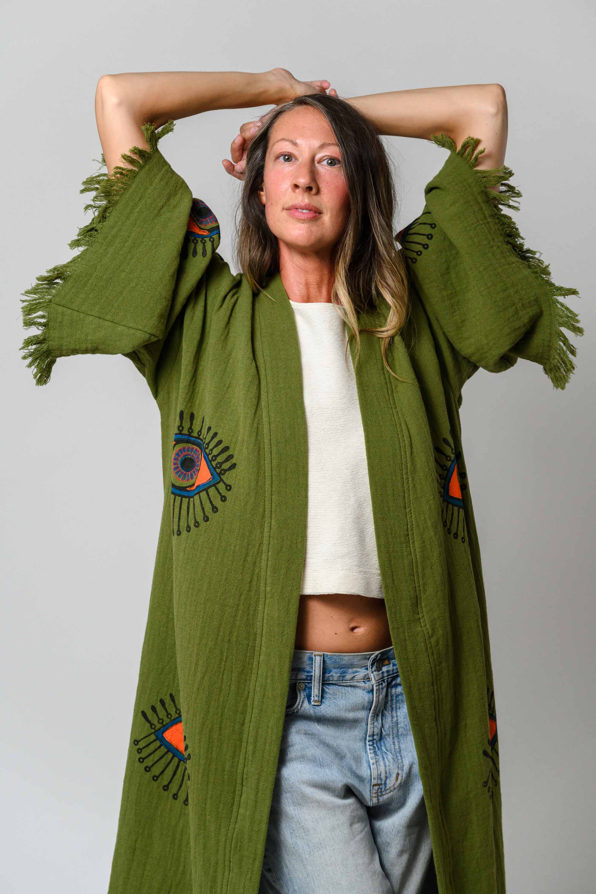 Luxury Turkish Cotton Evil Eye Kimono/Robe - Olive Grove image 6