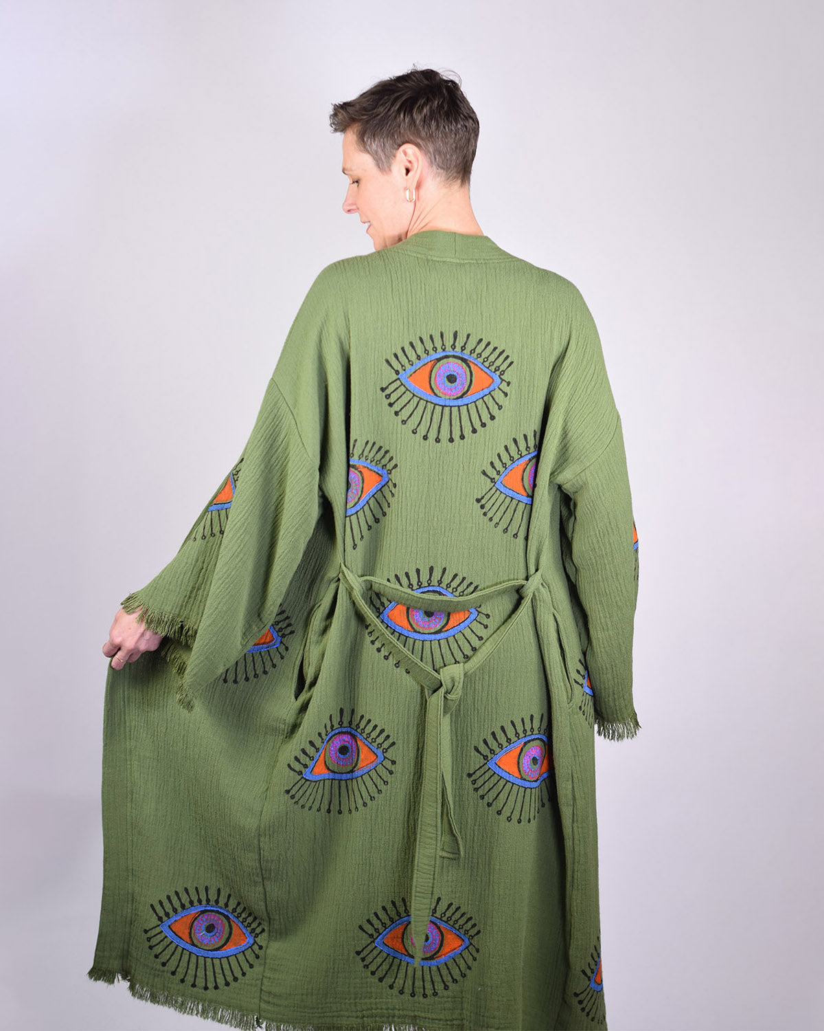 Luxury Turkish Cotton Evil Eye Kimono/Robe - Olive Grove image 1