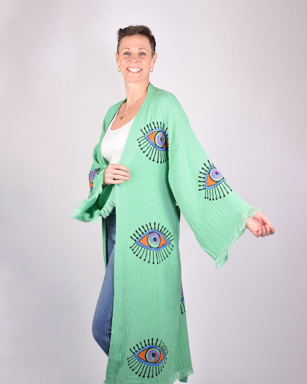 Luxury Turkish Cotton Evil Eye Kimono/Robe - Soft Jade image 2