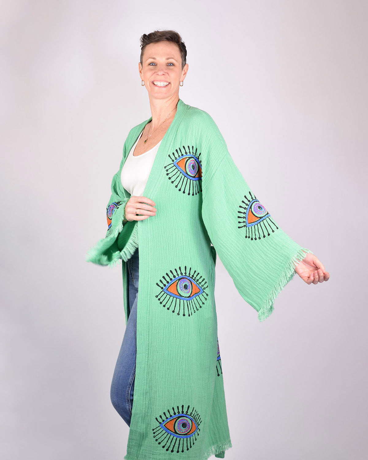 Luxury Turkish Cotton Evil Eye Kimono/Robe - Soft Jade image 2