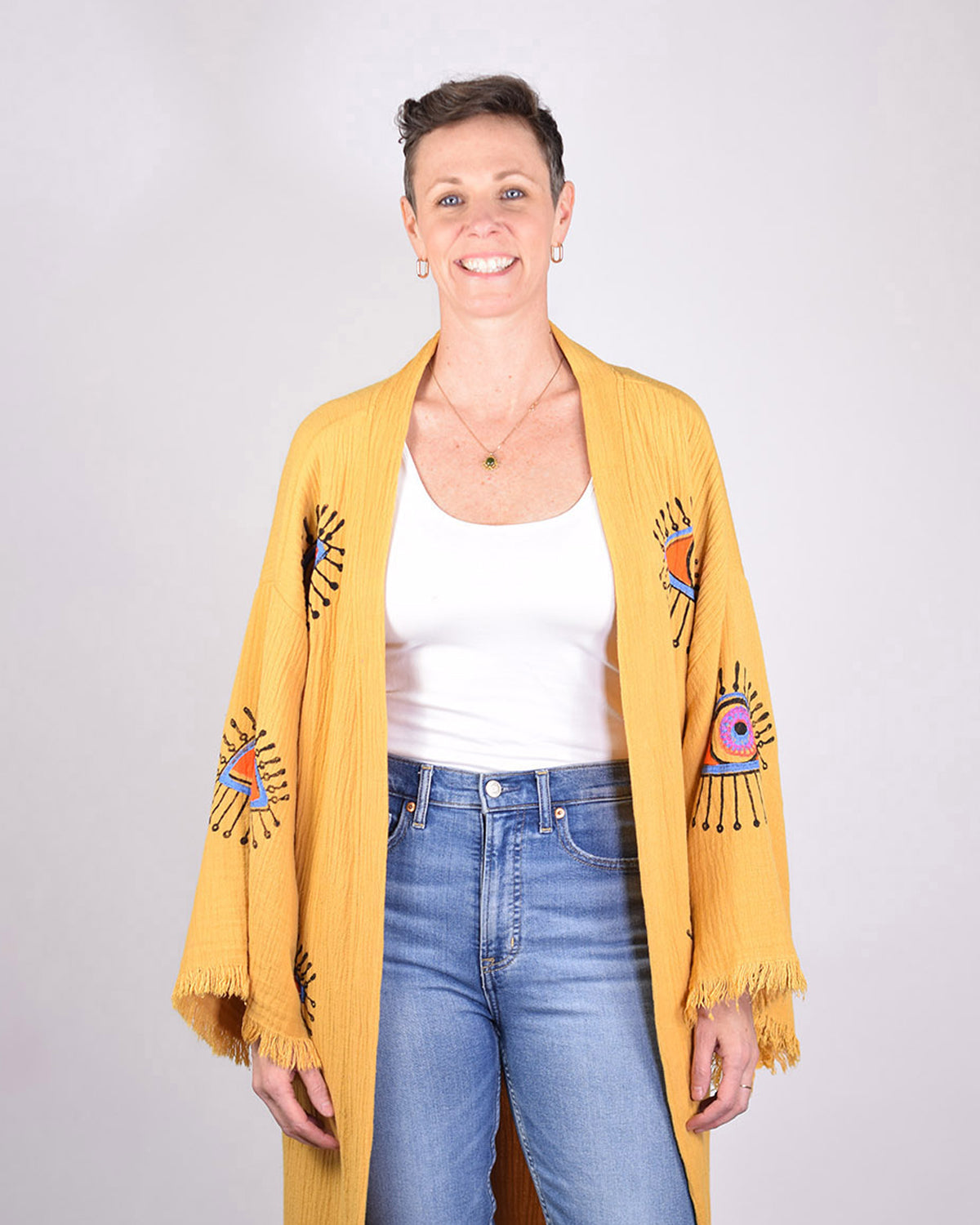Luxury Turkish Cotton Evil Eye Kimono/Robe - Yellow Ochre image 4
