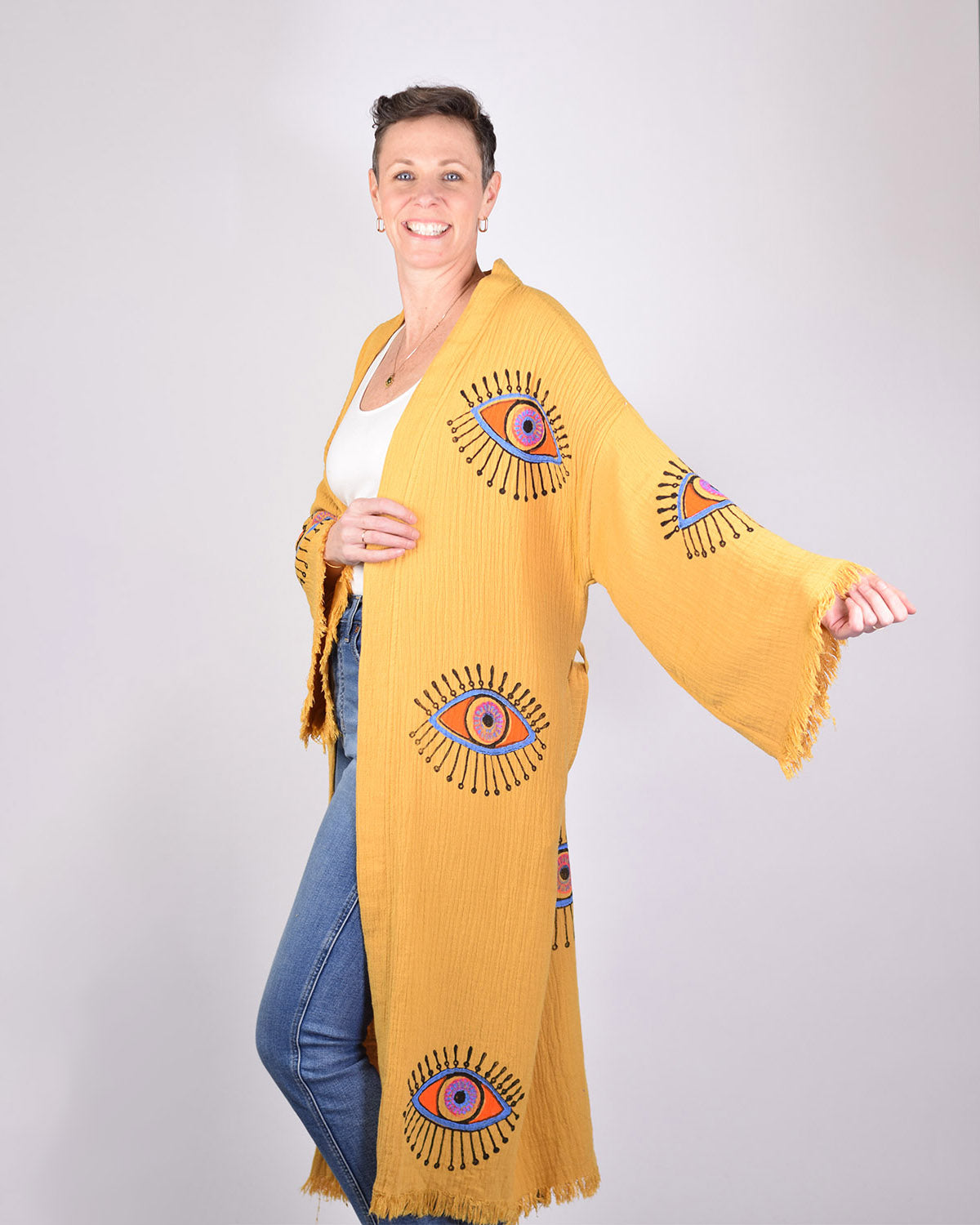 Luxury Turkish Cotton Evil Eye Kimono/Robe - Yellow Ochre image 6
