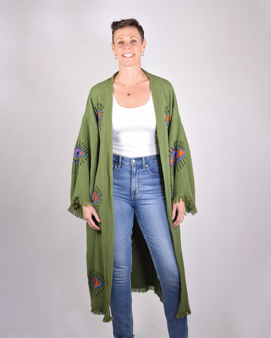 Luxury Turkish Cotton Evil Eye Kimono/Robe - Olive Grove image 3
