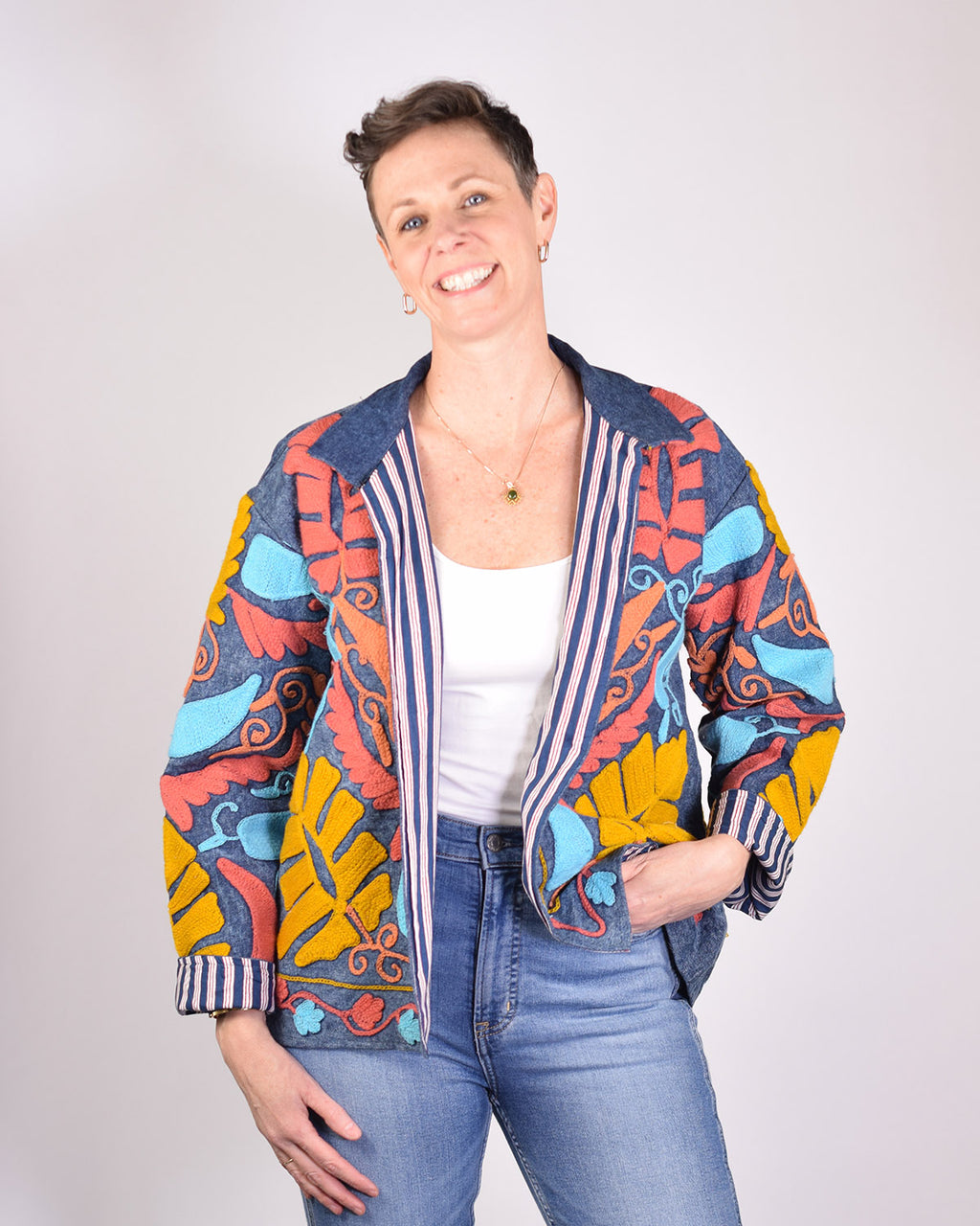 Denim Suzani Embroidered Jacket - 07 image 4