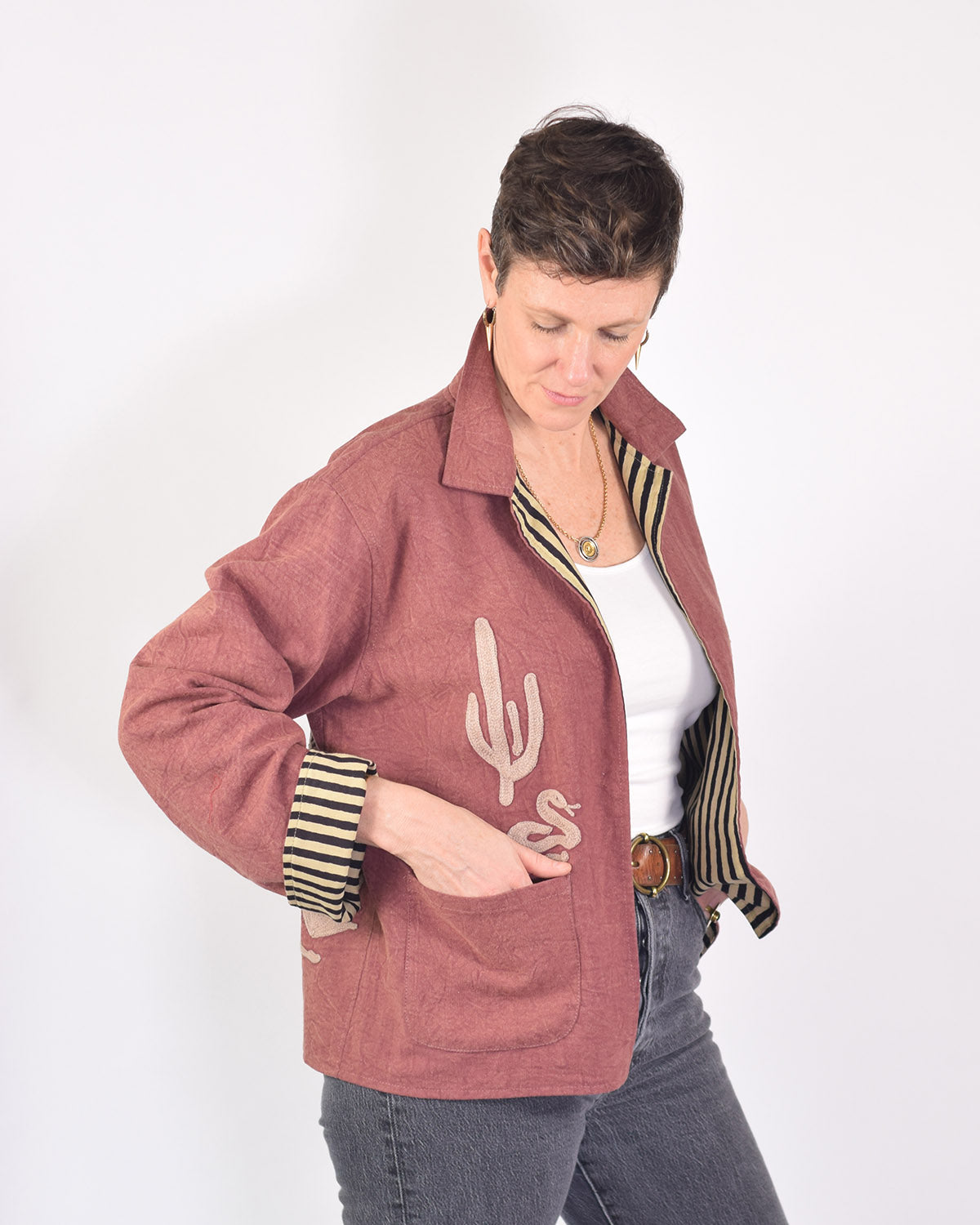 Lightweight "Vintage Outlaw" Canvas Embroidered Jacket - Mauve image 5