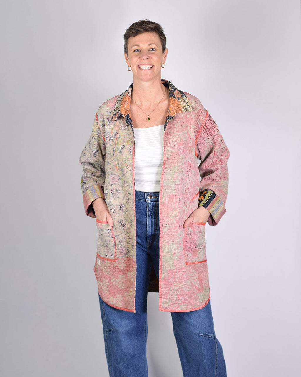 Frankie Long Quilted Reversible Patchwork Kantha Jacket - 09 image 2