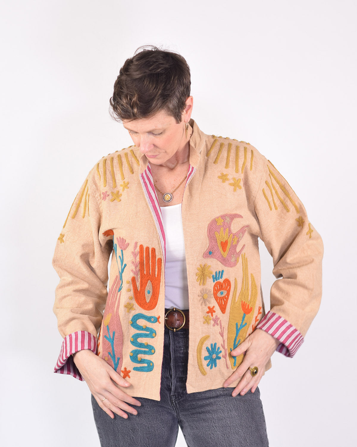 Lightweight "Peace & Love" Canvas Embroidered Jacket - Cream image 2