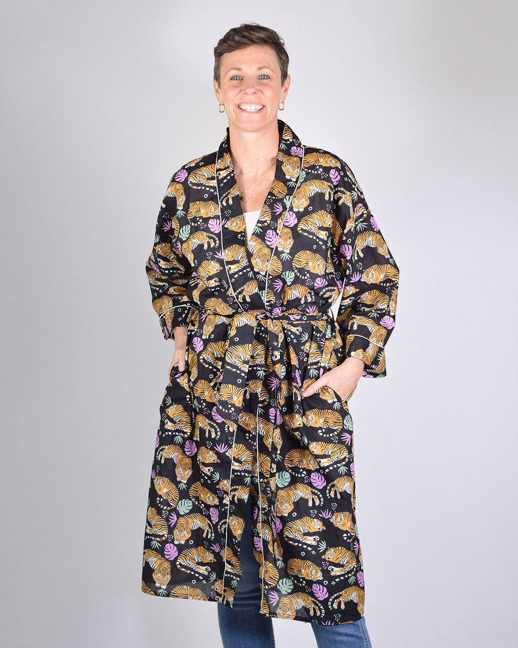 Lightweight Cotton Robe / Kimono - Sleeping Tigers Black image 0