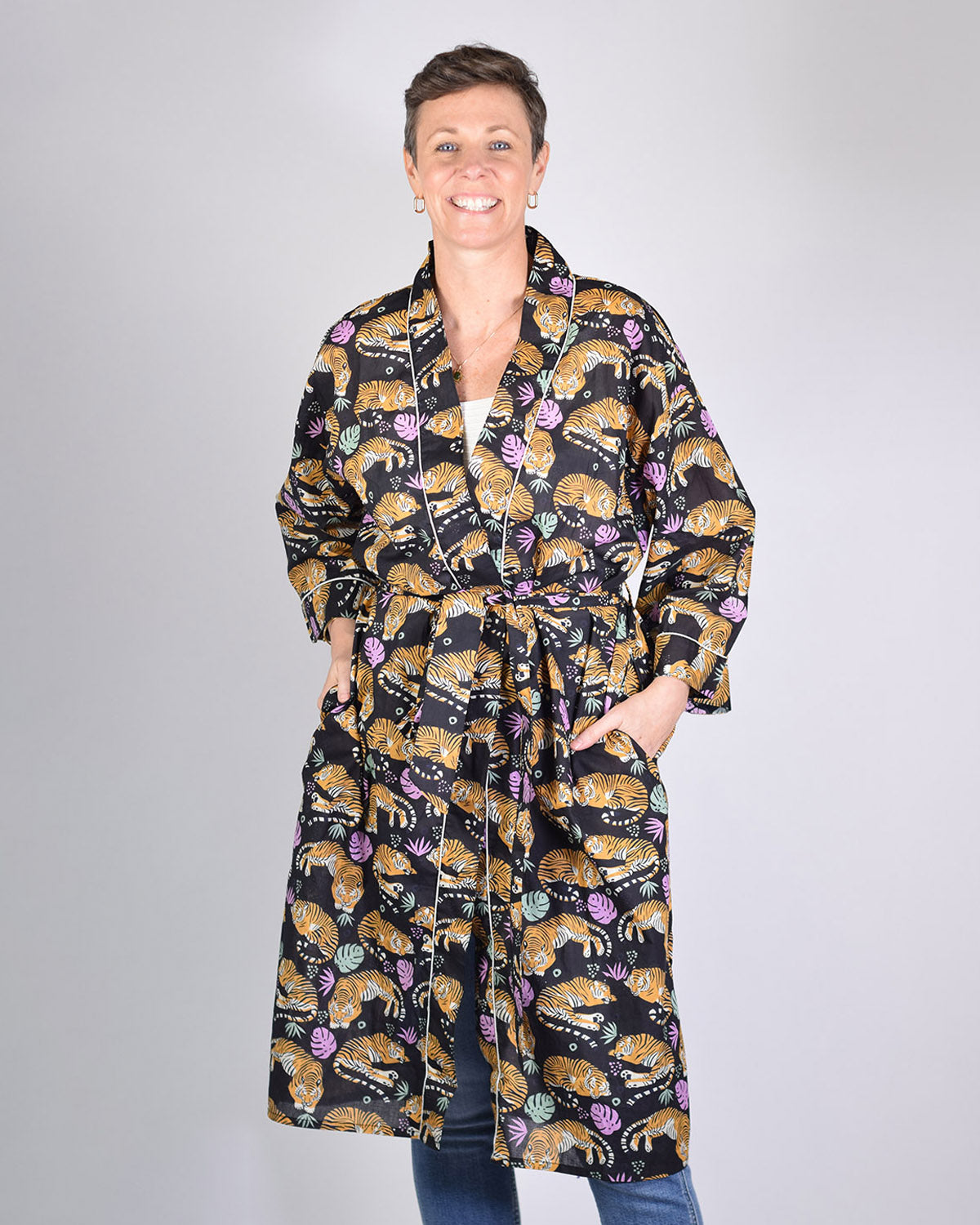 Lightweight Cotton Robe / Kimono - Sleeping Tigers Black image 0