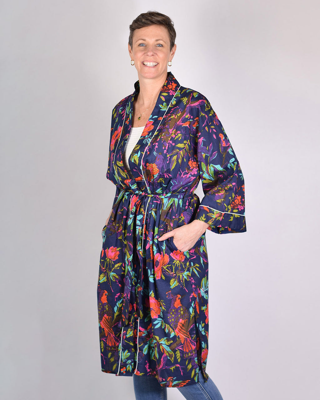 Lightweight Cotton Robe / Kimono - Midnight Rainforest image 4