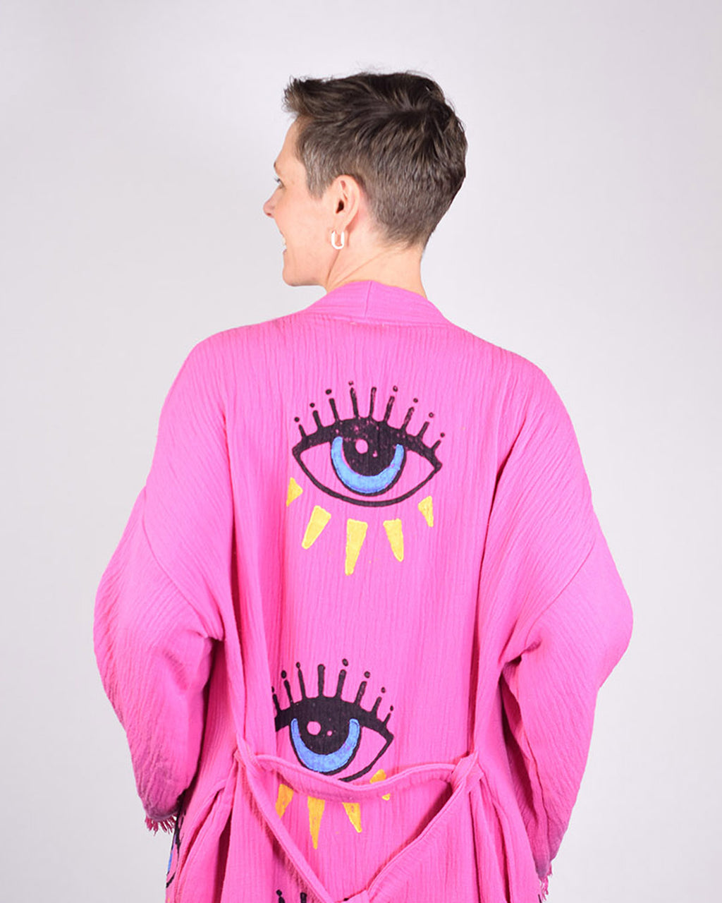 Luxury Turkish Cotton Evil Eye Kimono/Robe - Pink Dahlia image 9
