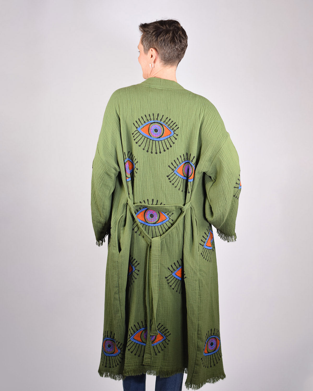 Luxury Turkish Cotton Evil Eye Kimono/Robe - Olive Grove image 4