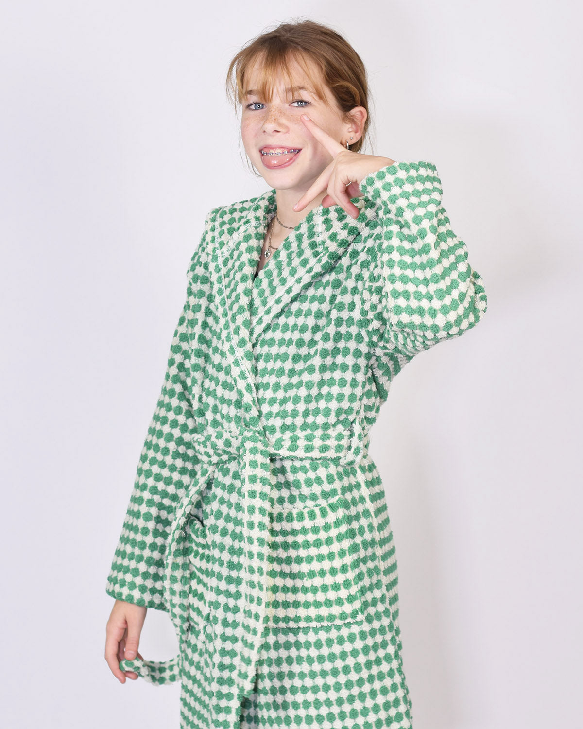 KIDS Organic Turkish Cotton Plush Terry Cloth Robe - Green Checkered image 6