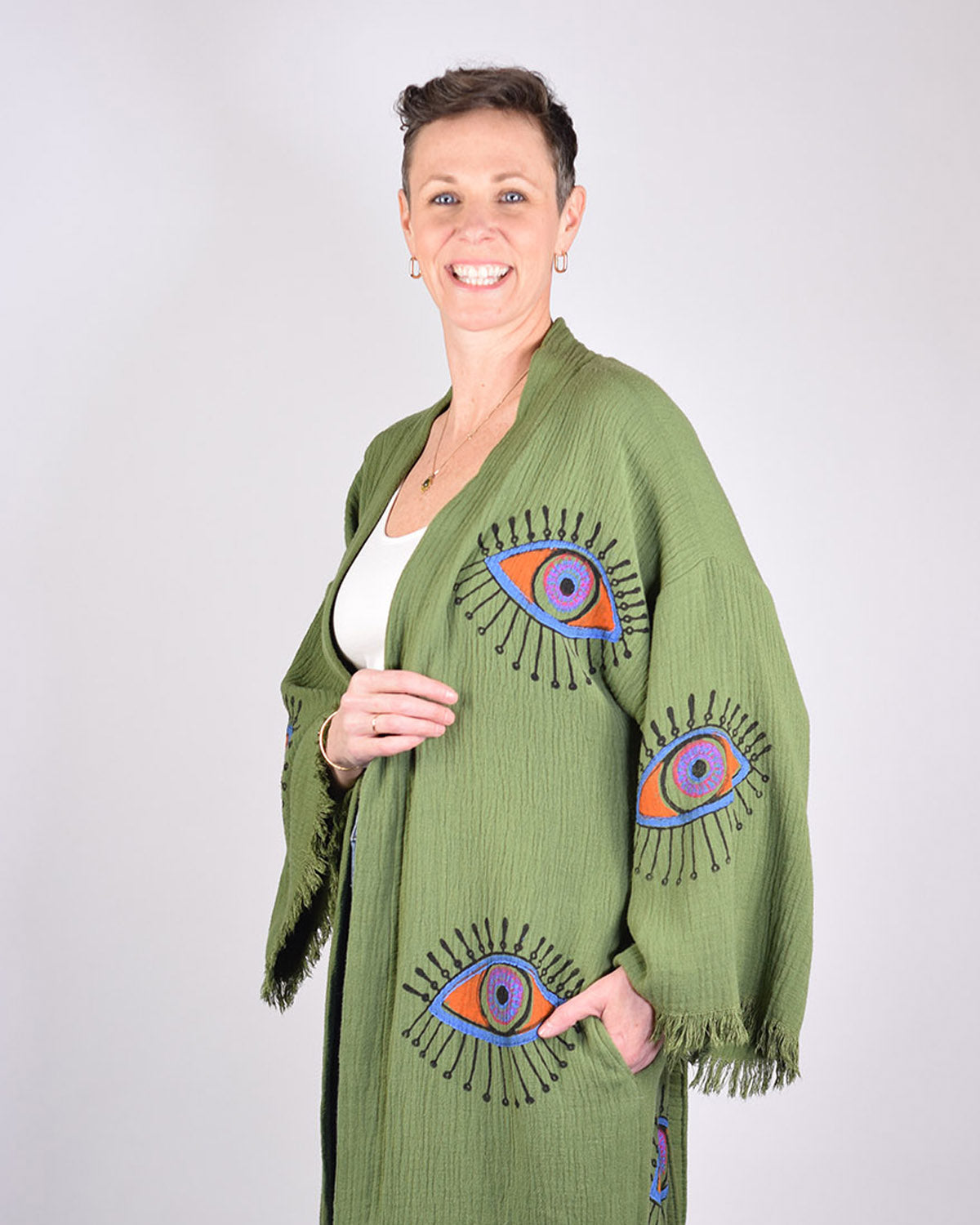Luxury Turkish Cotton Evil Eye Kimono/Robe - Olive Grove image 2