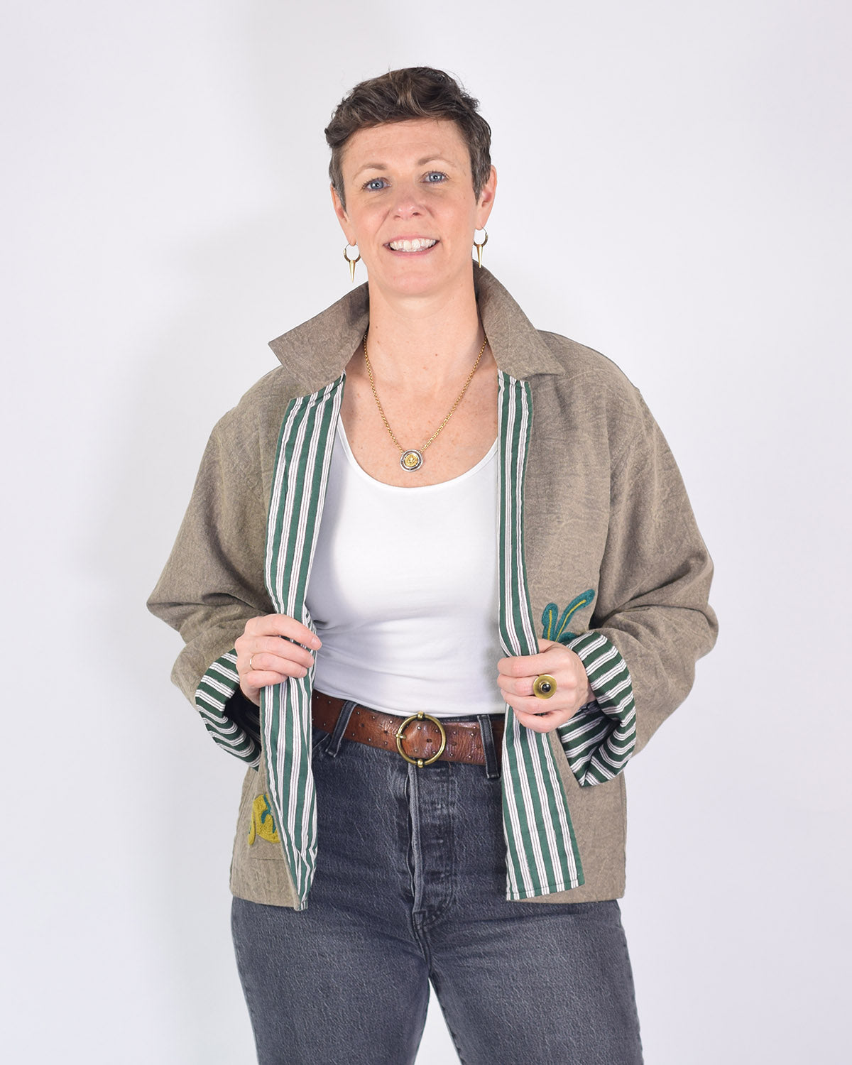Lightweight "Eat Your Greens" Canvas Embroidered Jacket - Taupe image 2