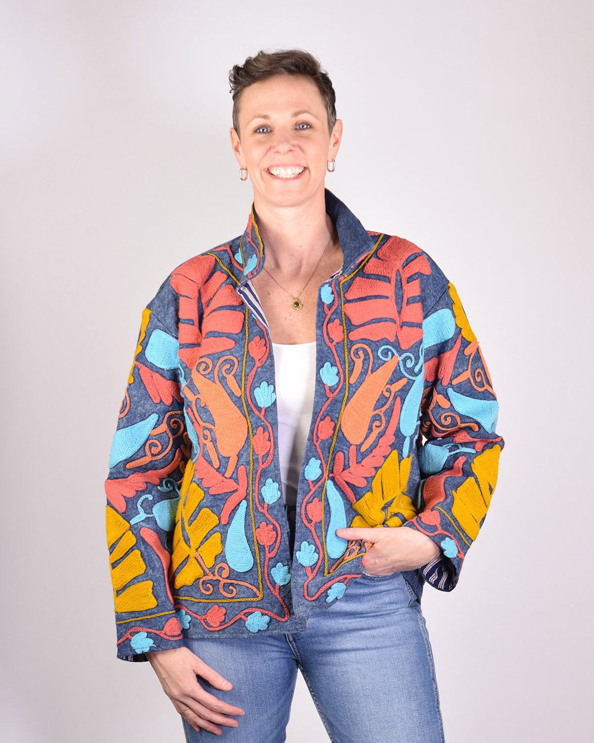 Denim Suzani Embroidered Jacket - 07 image 1