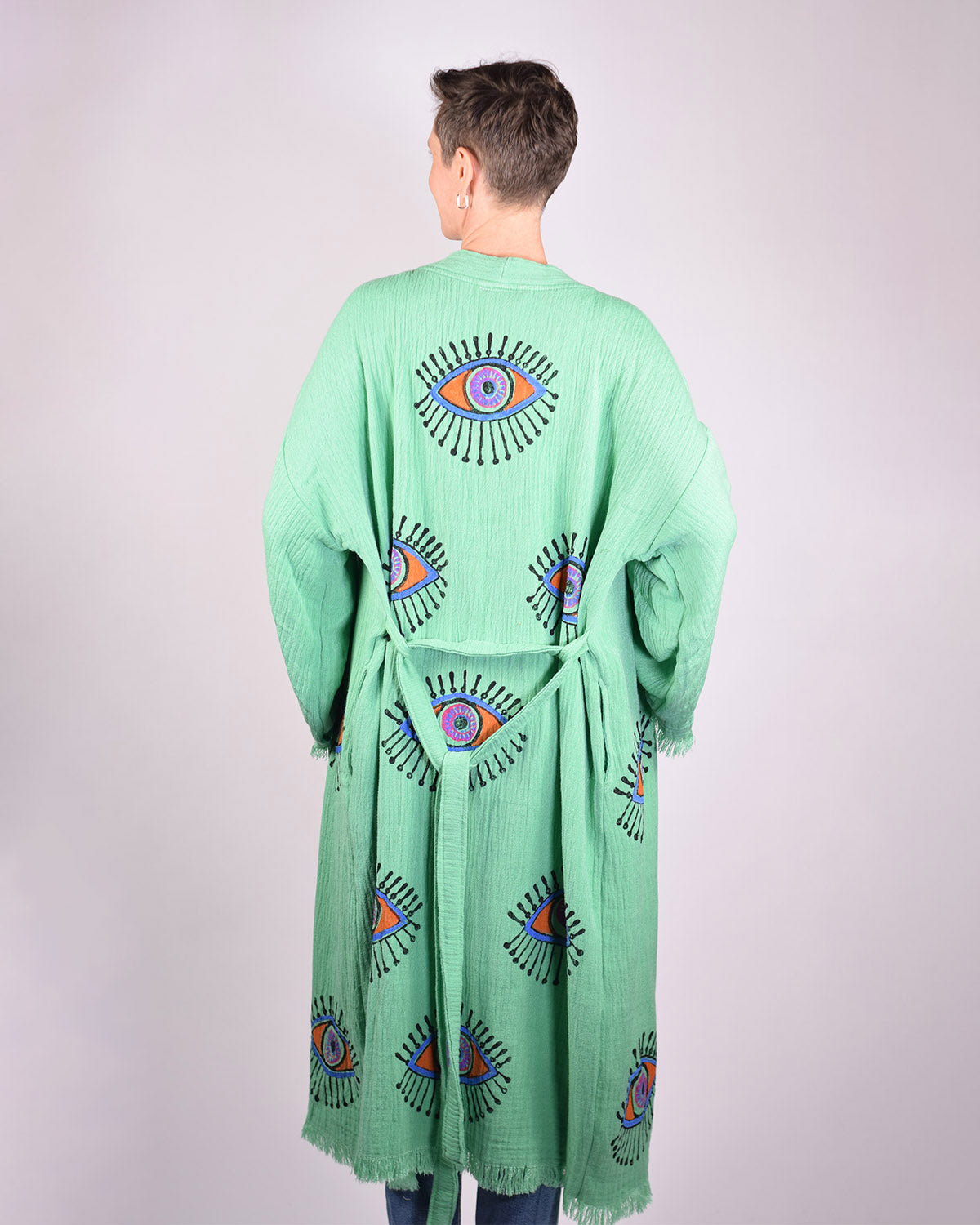 Luxury Turkish Cotton Evil Eye Kimono/Robe - Soft Jade image 12