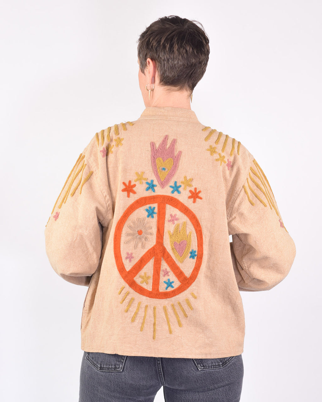 Lightweight "Peace & Love" Canvas Embroidered Jacket - Cream image 0