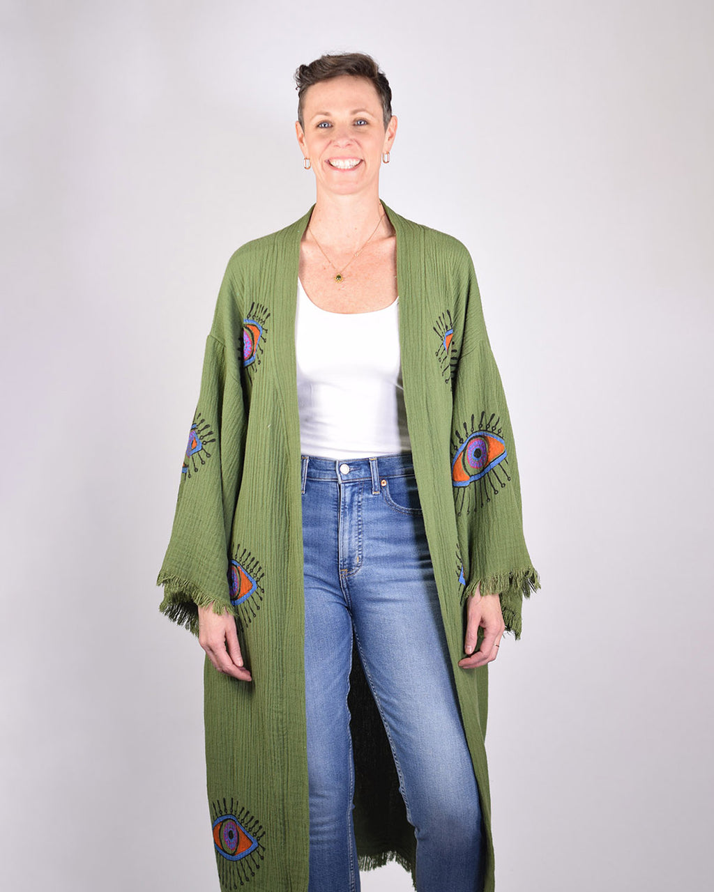 Luxury Turkish Cotton Evil Eye Kimono/Robe - Olive Grove image 0
