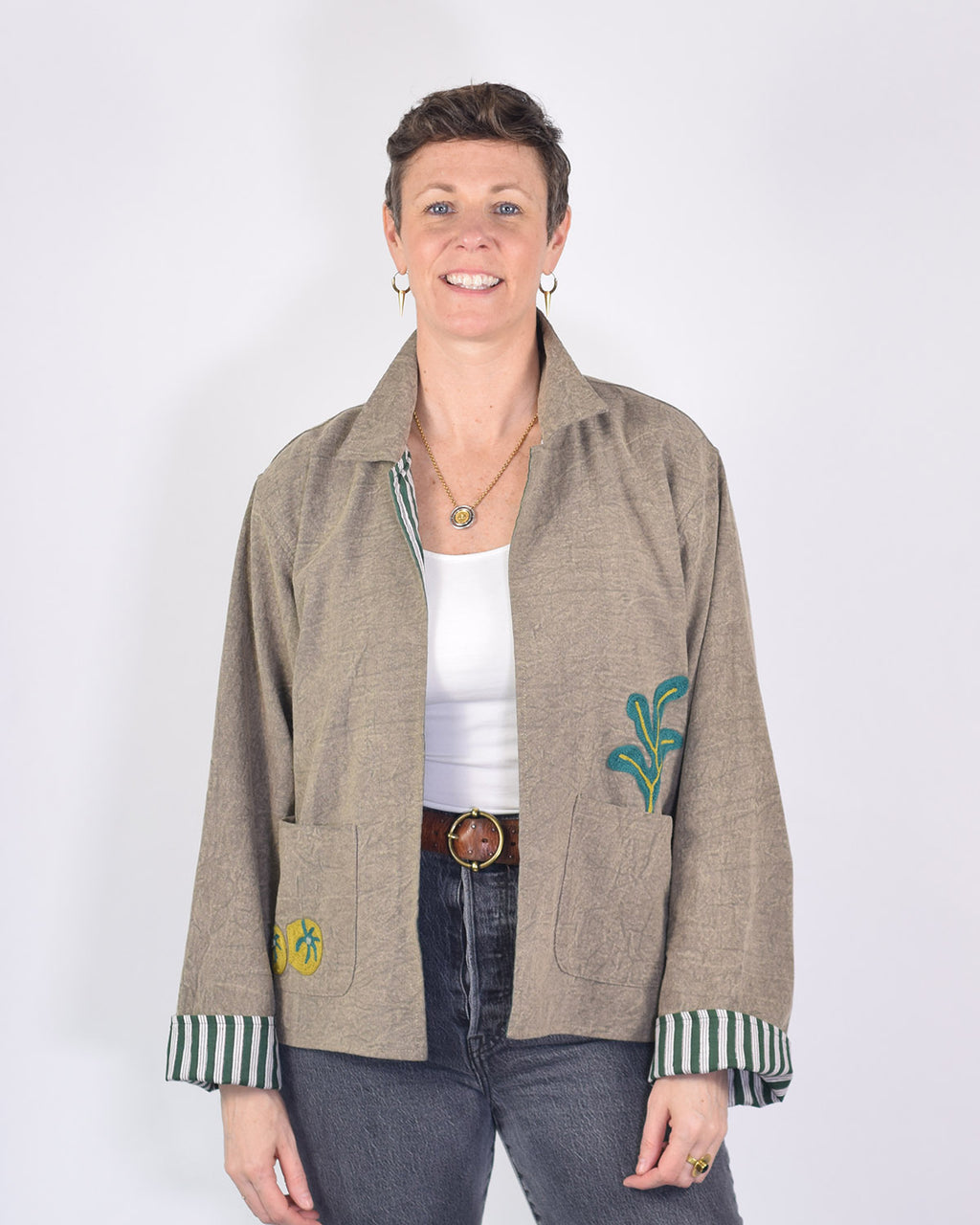 Lightweight "Eat Your Greens" Canvas Embroidered Jacket - Taupe image 6
