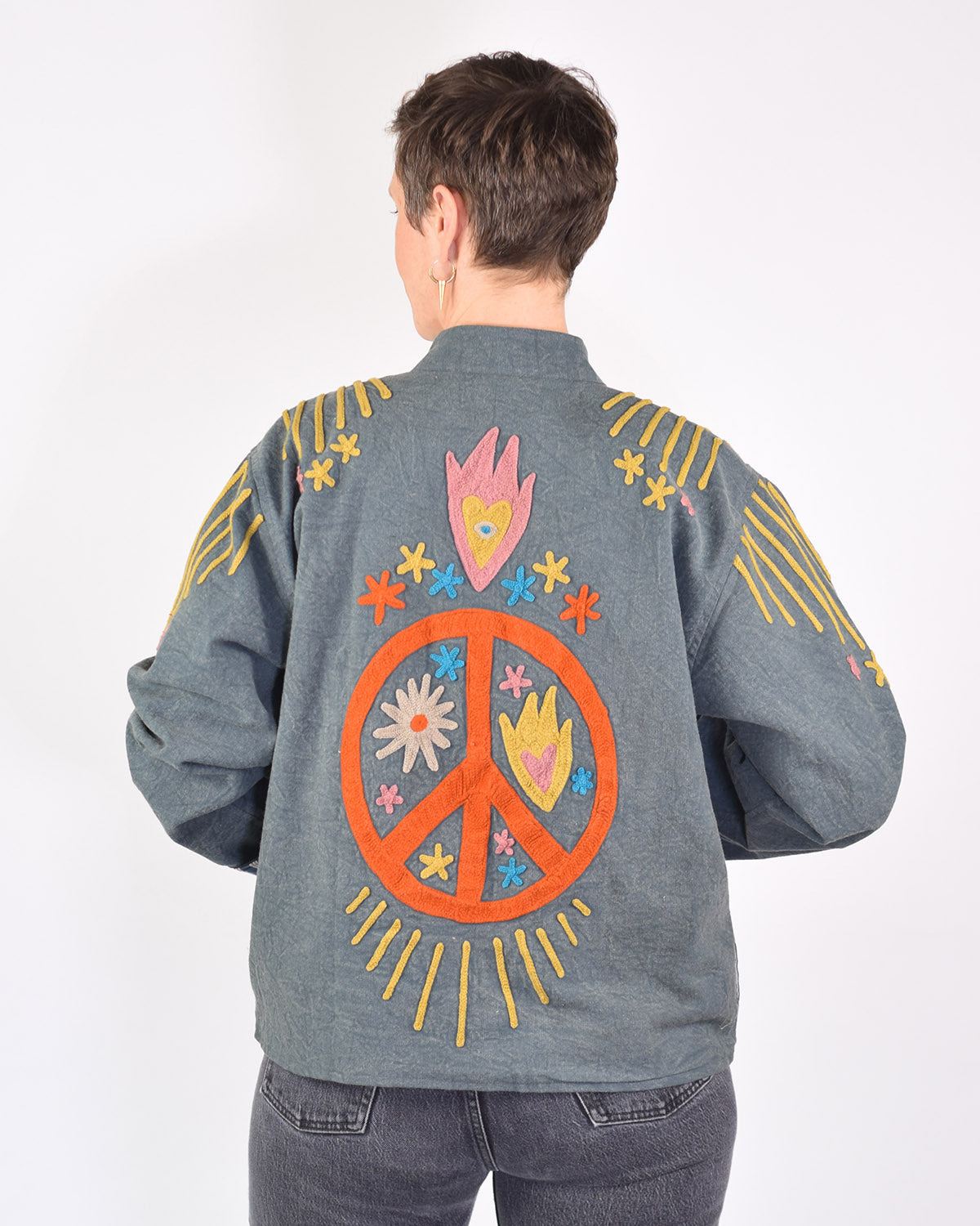 Lightweight "Peace & Love" Canvas Embroidered Jacket - Blue image 2