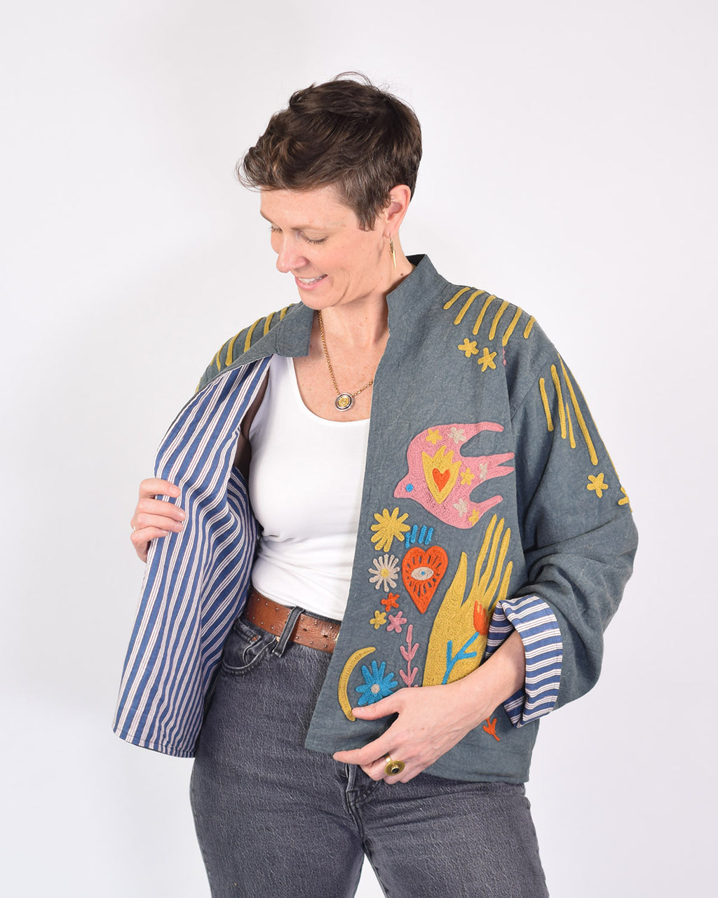 Lightweight "Peace & Love" Canvas Embroidered Jacket - Blue image 1