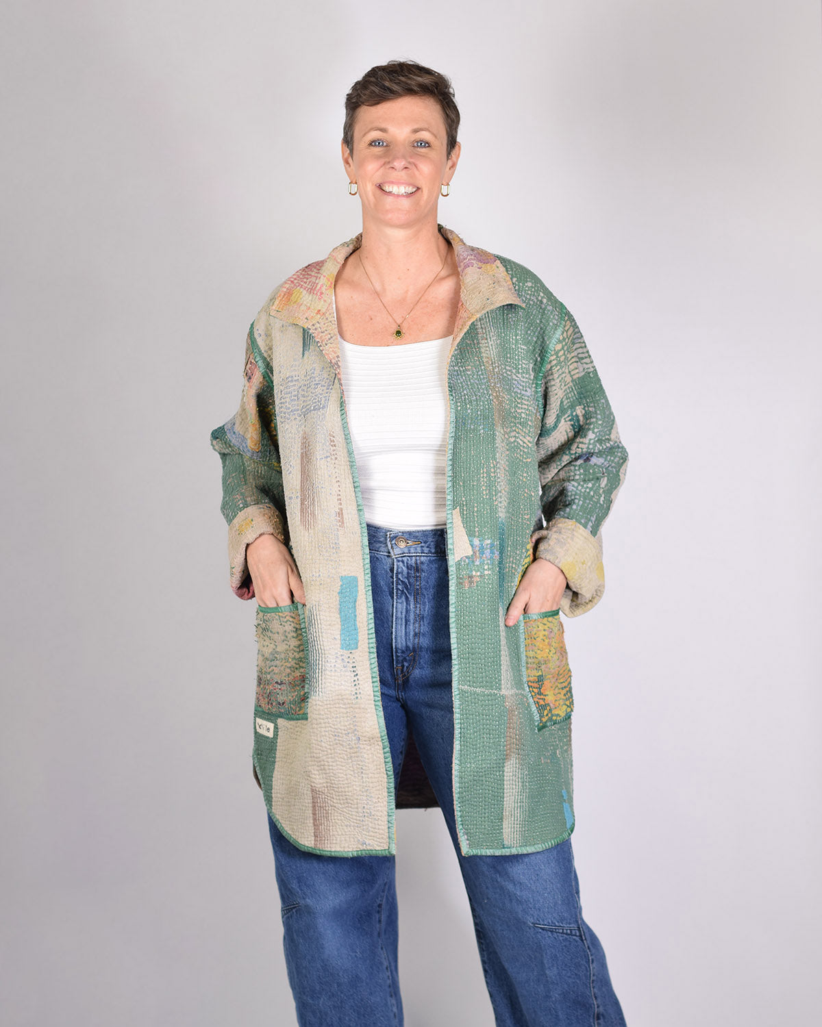 Frankie Long Quilted Reversible Patchwork Kantha Jacket -13 image 0