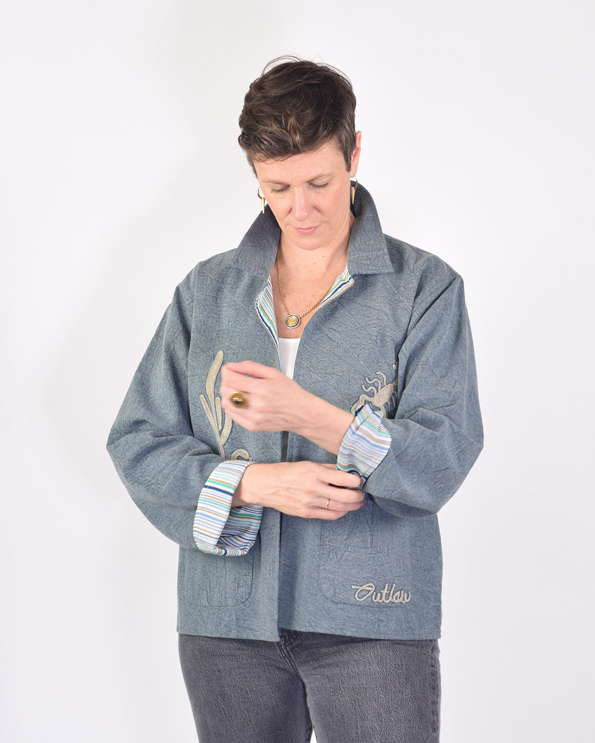 Lightweight "Vintage Outlaw" Canvas Embroidered Jacket - Blue image 4