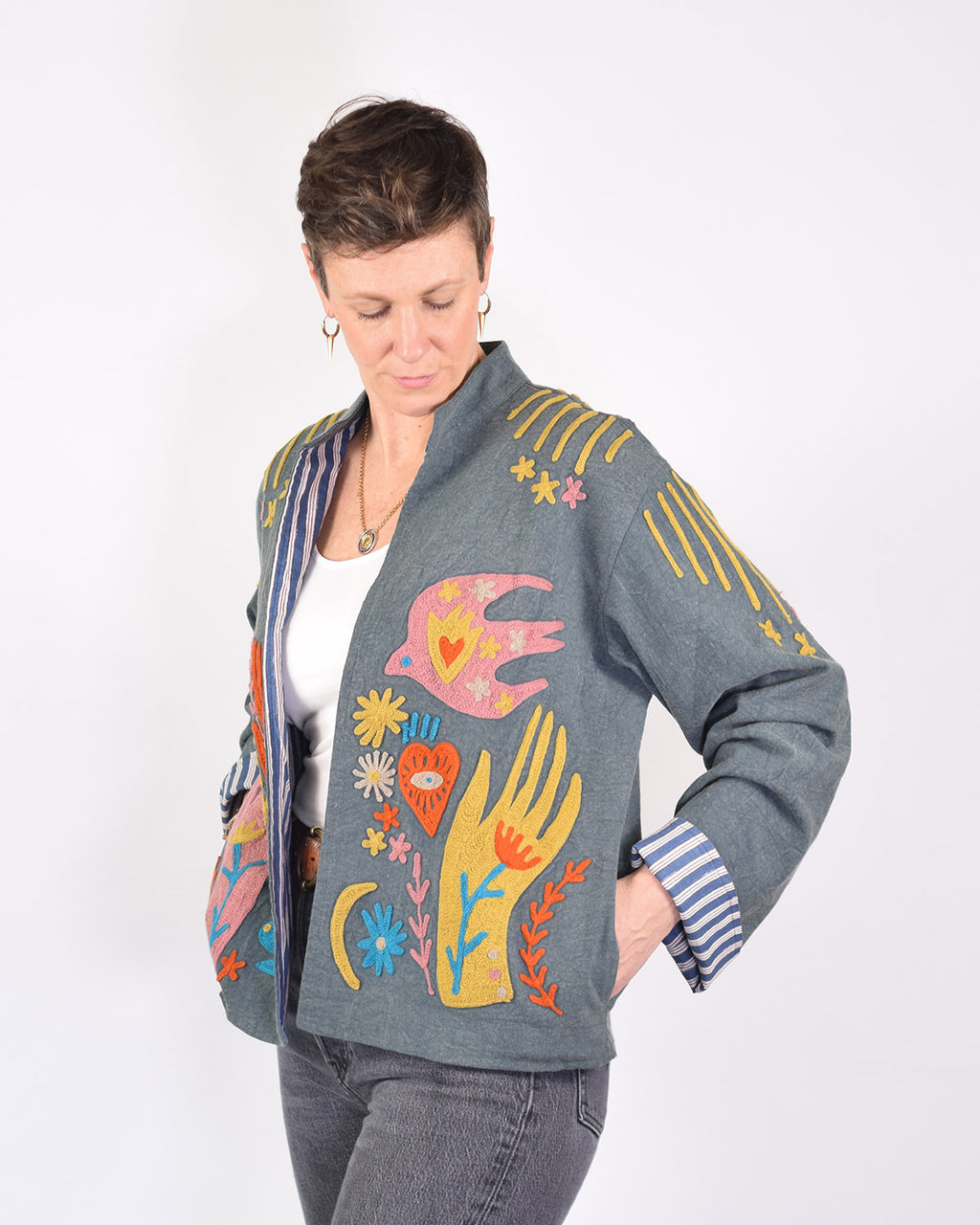 Lightweight "Peace & Love" Canvas Embroidered Jacket - Blue image 5