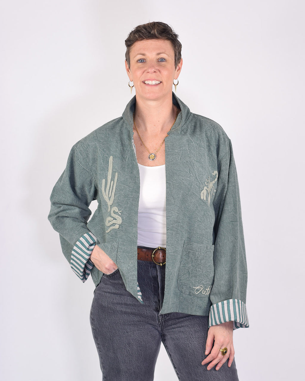 Lightweight "Vintage Outlaw" Canvas Embroidered Jacket - Green image 1
