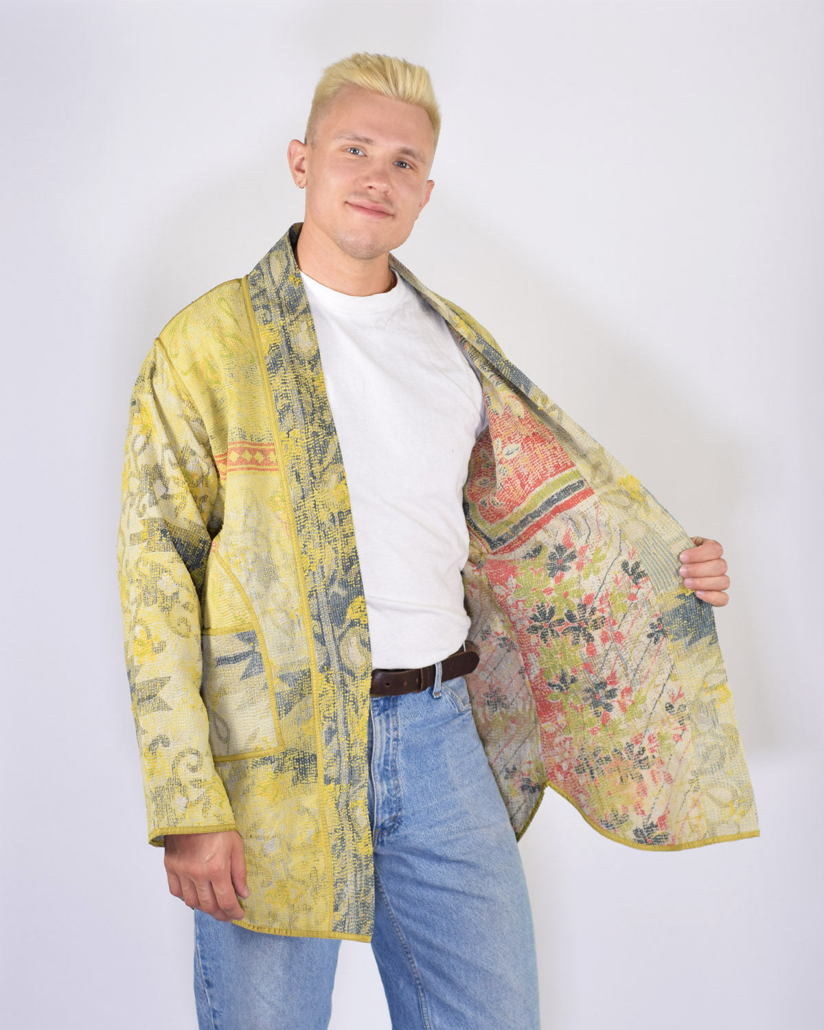 Frankie Long Quilted Reversible Patchwork Kantha Jacket -16